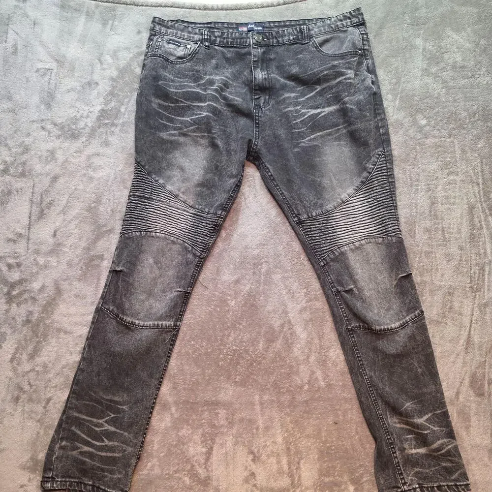 Phat Farm Jeans Mens 40x32 Gray Acid Wash Stretch Slim Moto Tapered Leg